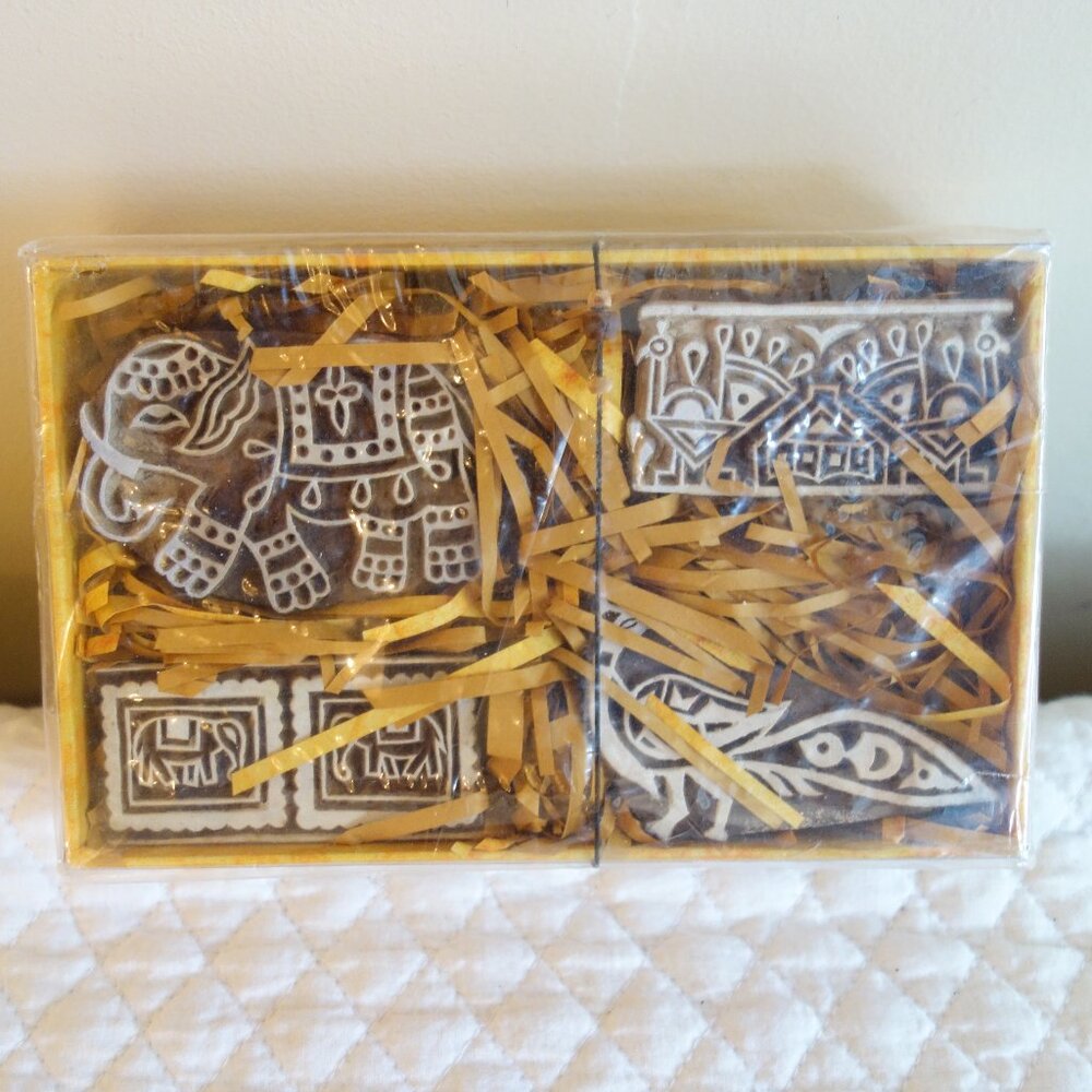 NIP Vtg WORLD MARKET Handcrafted India Wood Block Printing Stamps Elephants Peac